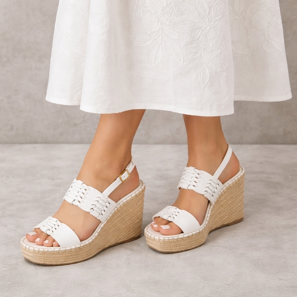 Veronica Beard Wedge Sandals 10 White Leather Woven Riya Espadrille New $375